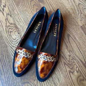 Black and Brown Suede and Patent Leather Amalfi Flat with Silver and Gold Detail